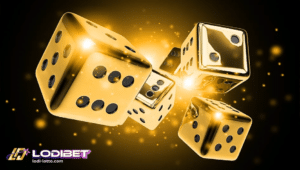 gold sic bo dice with sparkling gold and black background