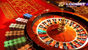 a classic roulette machine with different casino chips on the side.