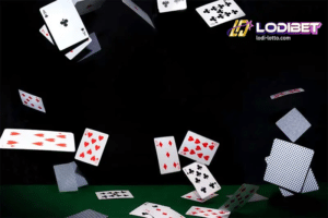 casino playing cards are falling in a blackjack table